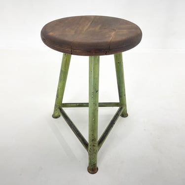 Vintage Industrial Steel & Wood Tripod Stool, 1950's / Industrial Furniture / Low Stool / Original Paint 