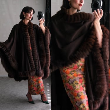 Vintage 70s Yves Saint Laurent Documented Dark Brown Cape w/ Fox & Sheered Beaver Fur Trim | Made in France | 1970s YSL Designer Fur Cape 