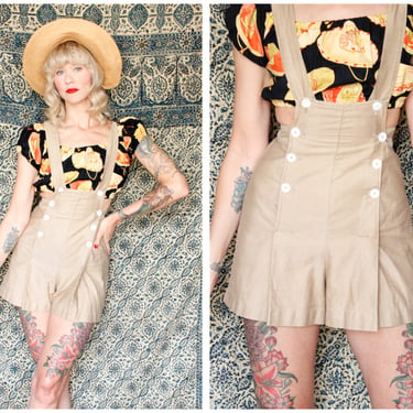 1930s Overall Short // Tan Twill Cotton Overall Shorts // vintage 30s shorts 