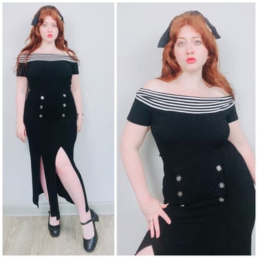 1990s Vintage Joseph Ribkoff Acetate And Spandex Wiggle Dress / 90s Off Should Striped Black Dress / Size XL 