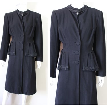 Amazing Vintage 1940s Black I. Magnin California Peplum Beaded Wool Evening Coat // xs small 