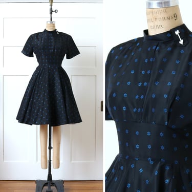 vintage 1950s tailored dress • full skirt black printed taffeta nipped waist arrow dress with short cuffed sleeves & tall collar 