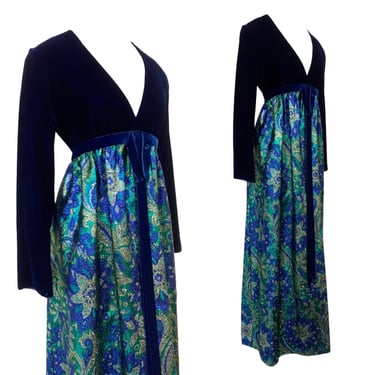 Vtg Vintage 1960s 60s Designer Glam Host Metallic Brocade Blue Velvet Maxi Dress 