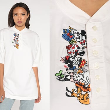 Mickey Mouse Shirt Walt Disney Shirt 00s Minnie Goofy Donald Duck Henley Tee Short Sleeve TShirt Cartoon 2000s Vintage White Extra Large xl 