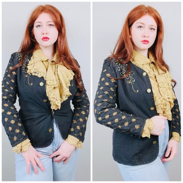 1980s Vintage Jennifer Eden Black Linen Jacket / 80s / Eighties Gold Floral Sheer Cage Sleeve Blazer / Size Medium 