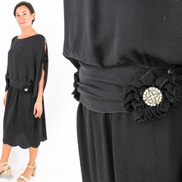 1920s Black Silk Party Dress | 20s Black Silk Crepe Flapper Dress | Large 