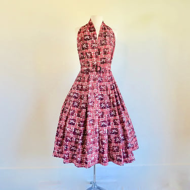 Vintage 1950's Burgundy Red White Tiki Print Cotton Halter Dress Fit and Fare Full Skirt Pin Up Rockabilly Spring Summer 31" Waist Medium 
