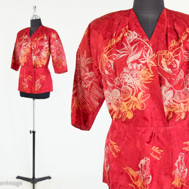 1950s Red Brocade Evening Jacket | 50s Red Brocade Wrap Blouse | Aloha Hawaii | Small 