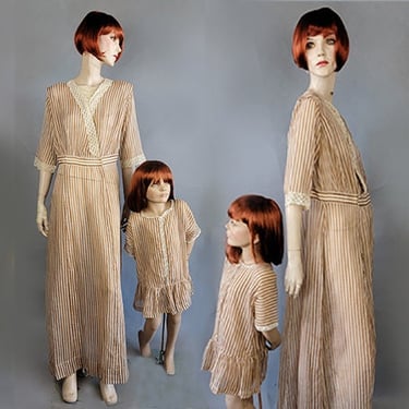1920s Day Dress / 1920s Mother-Daughter Dresses / Brown & White Striped Dresses / 1920s At Home / Size Large 