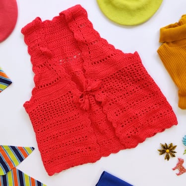 Sweet Vintage 60s 70s Bright Cherry Red Crochet Statement Vest with Tassel Ties 