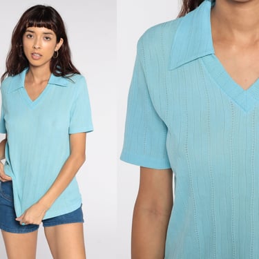 Baby Blue Shirt 70s Shirt Collar Short Sleeve Semi-Sheer V Neck Top Collared 1970s Vintage Seventies Medium 