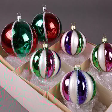 Vintage Czech Glass Christmas Ornaments | Handcrafted Retro Holiday Decor | Multicolored Striped Baubles Set 