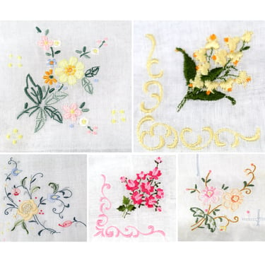 Set of 5 Vintage Handkerchiefs with Embroidered Flowers | White Cotton or Linen Handkerchiefs | Vintage Wedding 