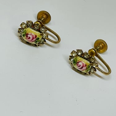 Rose Enamel Earrings with Rhinestones Setting