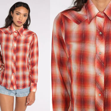 Metallic Plaid Shirt 70s Red Western Shirt Thin Semi-Sheer Button Up Vintage Long Sleeve Hippie Boho Blouse Rodeo Shirt Small 