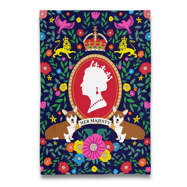 Her Majesty – the Queen and her Corgis Tea Towel
