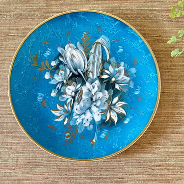 Vintage Decorative Plate - Florencia Hand Painted Floral 12" Wall Plate - Blue White Gold - Wall Decor - Floral Collectible Plate 