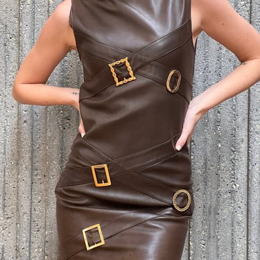 Vintage CHANEL CC Logo Monogram Belt Buckle Brown Leather Dress