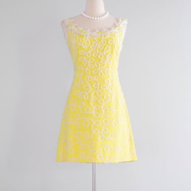 FAB 1960's Lemon Yellow Daisy Chain Mini Dress By Gale Mitchell / SM