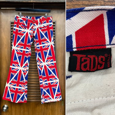 Vintage 1960’s w31 Union Jack Flag Style Hiphugger Cotton Flare Pop Art Jeans, 60’s Flag Design, Vintage Clothing 