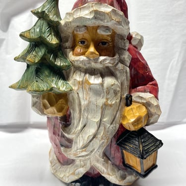 8” Vintage Jolly Figurine ~ Carved Santa Claus Primitive Style~ Hard Resin Wooden look of Old Christmas Santa Display~ 1980s 