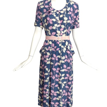 1940s Blue & Pink Rayon Print Dress, Size-6