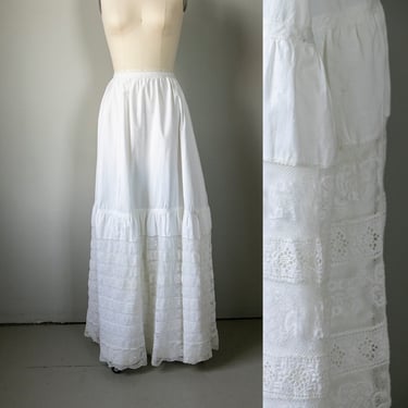 Antique Skirt Edwardian Cotton Lace Petticoat XS 
