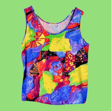 Abstract Print Tank Top Vintage 90s Colorful Rayon Wide Strap Boxy Loose Fit Sleeveless Blouse Picasso Matisse Painted Pattern Spring Summer 