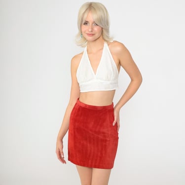 Pencil Skirt Red Leather Skirt Mini Vintage Suede Mini Skirt 90s