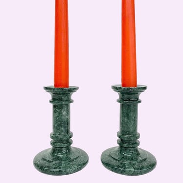 Vintage Candlestick Holders Retro 1980s Contemporary + Green Marble + Set of 2 + Taper Candle Holder + Modern Home Decor + Stone Decoration 