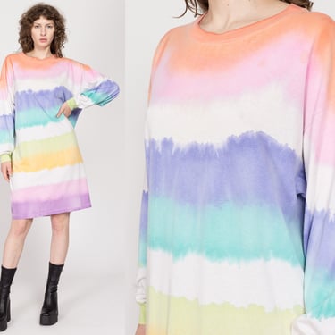 One Size 90s Pastel Tie Dye Striped T Shirt Dress | Vintage Long Sleeve Rainbow Sleep Shirt 