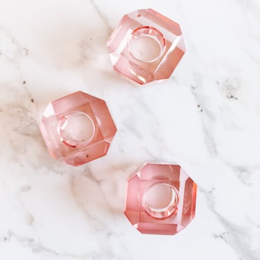 set of 3 French pink crystal candle holders