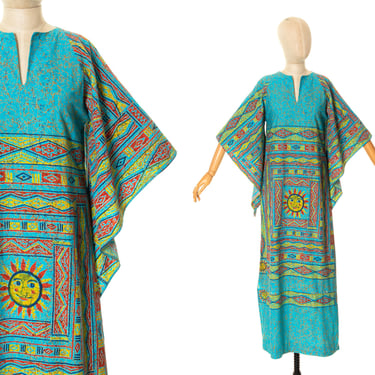 Vintage 1970s Maxi Dress | 70s Sun Novelty Print Cotton Batik Mexican Angel Sleeve Geometric Printed Blue Full Length Dress (small/medium) 