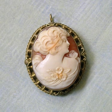 Antique Gold Filled Cameo Pendant Brooch, Old Carved Cameo With Woman, Antique GF Cameo Pendant (#4400) 
