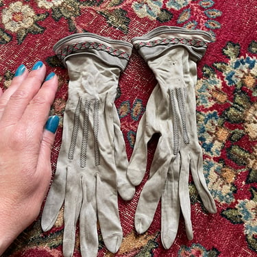 Authentic antique silk gloves gray & pink, Edwardian gloves | ladies gray silk gloves, small size 6? 