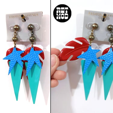 Fun Deadstock Vintage 80s 90s Blue Star, Mint Triangle, Red Leaf Metal Dangle Statement Earrings 