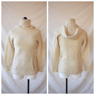 70s Natural Wool Hoodie Sweater with Turtleneck Size XS / S 