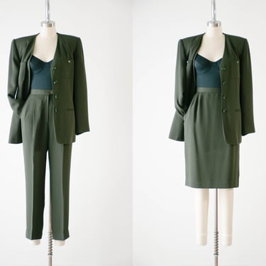 olive green suit | 90s vintage dark green dark academia high waisted pants pencil skirt coat 3 piece suit set 