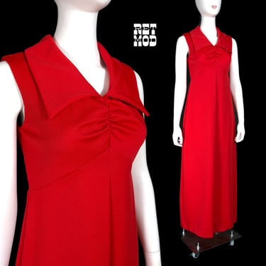 Vampy Vintage 70s Bright Red Sleeveless Collared Maxi Dress 