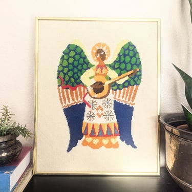 Handmade Angel Needlepoint in Gold Frame 