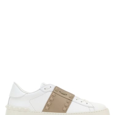 Valentino Garavani Woman White Leather Rockstud Untitled Sneakers With Dove Grey Band