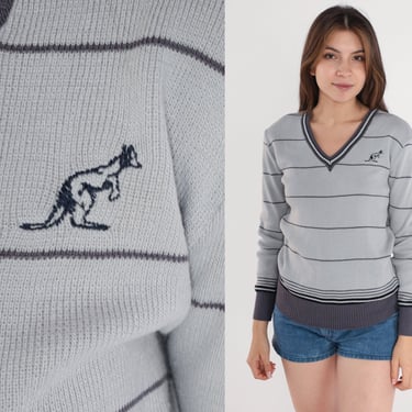 80s Sweater Kangaroo Emblem Sweater Grey Striped V Neck Sweater Knit Pullover Jumper Vintage 1980s Animal Preppy Geek Nerd Plain Small S 