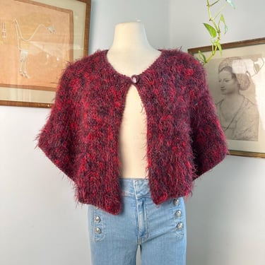 RED FUZZY Wool Cardigan CAPELET With Button Closure  | Cozy Winter Sweater  | Vintage Style Layering For Women | Perfect Holiday Wear 
