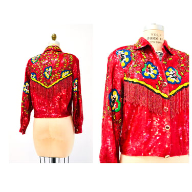 80s 90s Vintage Red Sequin Jacket Medium Western Cowgirl Cowboy Modi// Red Sequin jacket Flowers Beaded Fringe Rodeo Medium Beaded Fringe 
