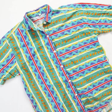 Vintage 90s Squiggle Abstract Print Collared Short Sleeve Button Up L - 1990s Saved By The Bell Bold Multicolor Shirt 