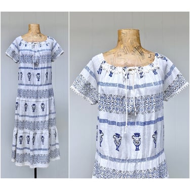 Vintage 1970s Crinkle Gauze Peasant Dress with Grecian Urn Block Print, Short Raglan Sleeve Drawstring Bodice, Tiered Skirt, Medium 