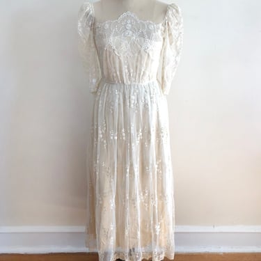 Cream Embroidered Net Dress with Mock-Neck - 1980s 
