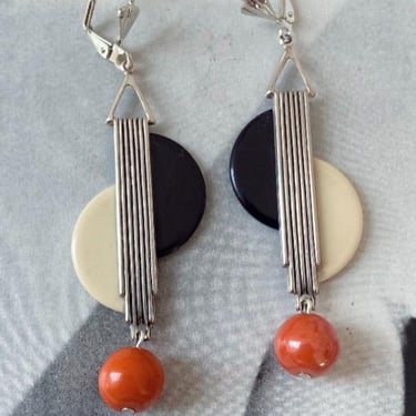 Art deco earrings Vintage Art Deco geometric Black & White with orange bakelite  Earrings modernist jazz age by BakeliteBa