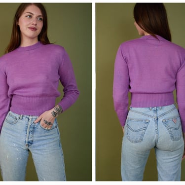 Vintage 1980s 80s Bright Purple Wool Mix Cropped Long Sleeve Sweater 