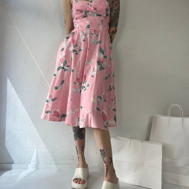 80s 'Fun Fashions' Pink Floral Print A line Dress / Small 